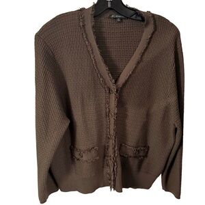 Adrianna Papell Women’s V-Neck Fringe Cardigan Brown Waffle Knit Sz XL